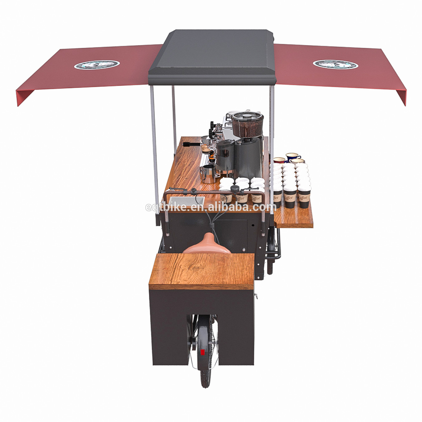 Anti Oil Box Structure Wood Tricycle Coffee Vending Cart