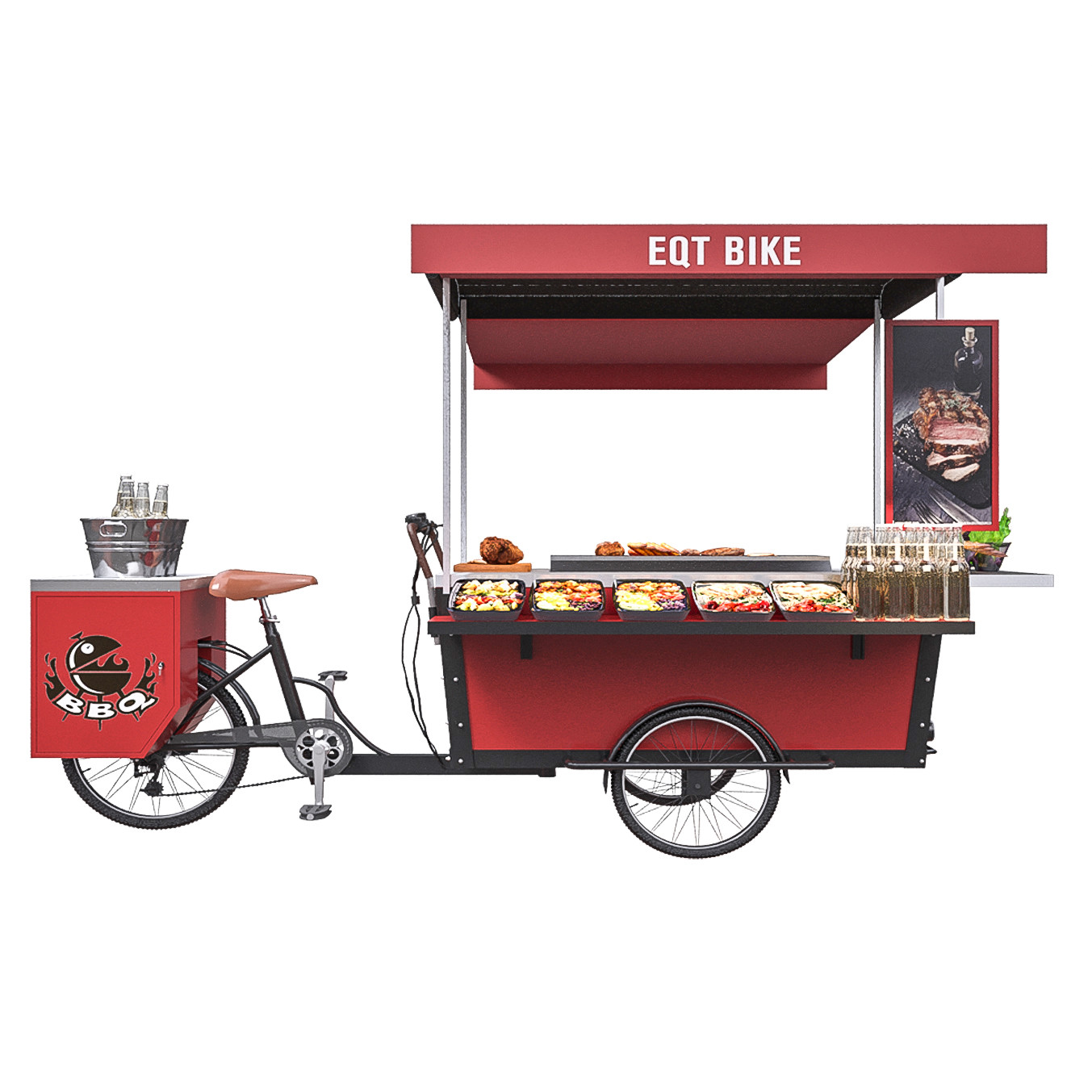 Stainless Grilled Food 50km/H BBQ Tricycle Hot Dog Cart
